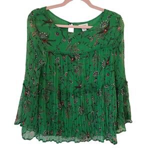 Sundance Floral Top XS Kelly Green Flowy Tiered Cupro Bell Sleeve Garden Fairy